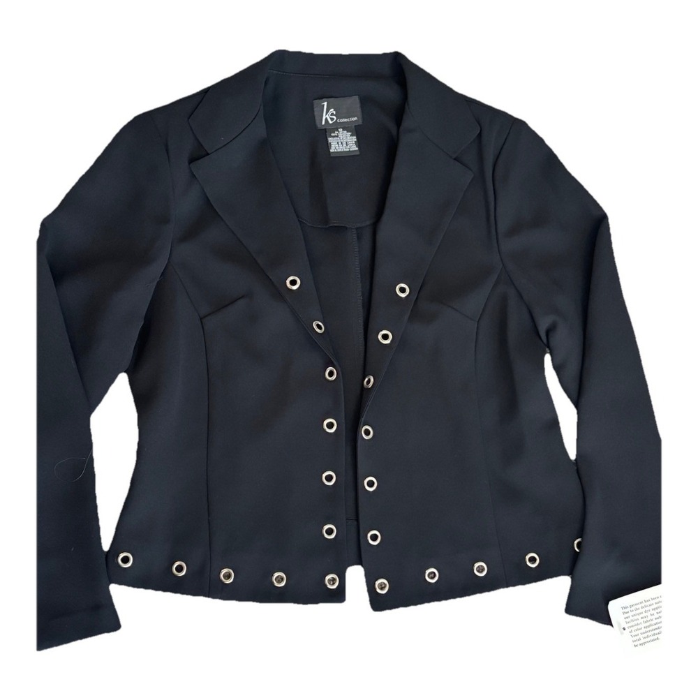 KS Collection Black Grommet Eyelet Trim Blazer Jacket Size 12 Open Front Edgy